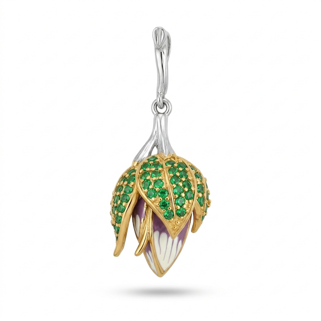 Jewelry  flower bud pendant with green gemstones on a white background