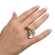 A ring with a gemstone on a woman`s hand.