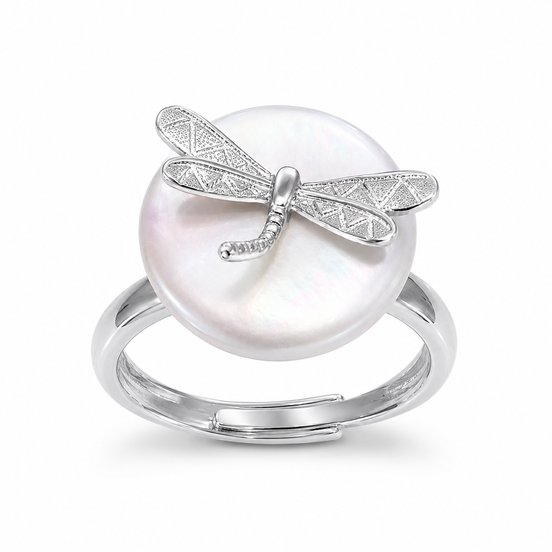 Silver ring with dragonfly and pearl