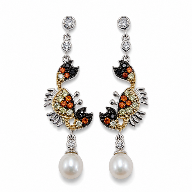 Crab-shaped dangling silver earrings