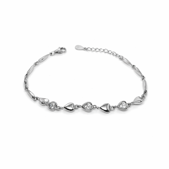 Silver bracelet with heart-shaped charms on a white background