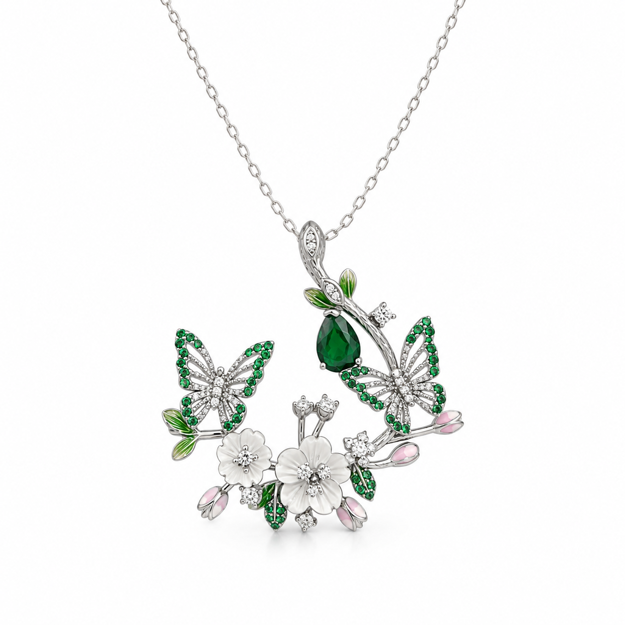 Floral butterfly necklace- emerald