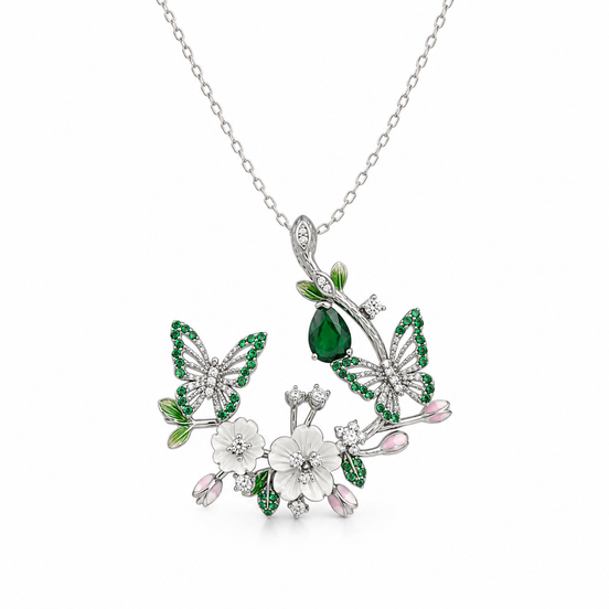 Floral butterfly necklace - emerald