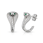 Silver snake-shaped earrings with green gemstones on a white background