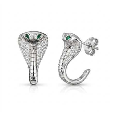 Silver snake-shaped earrings with green gemstones on a white background