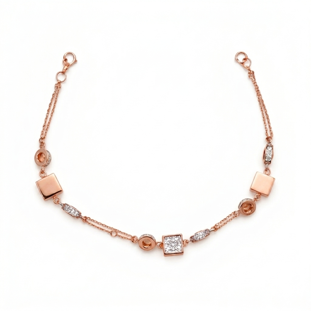 Rose gold bracelet with square and round links on a white background