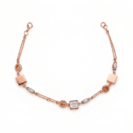 Rose gold bracelet with square and round links on a white background