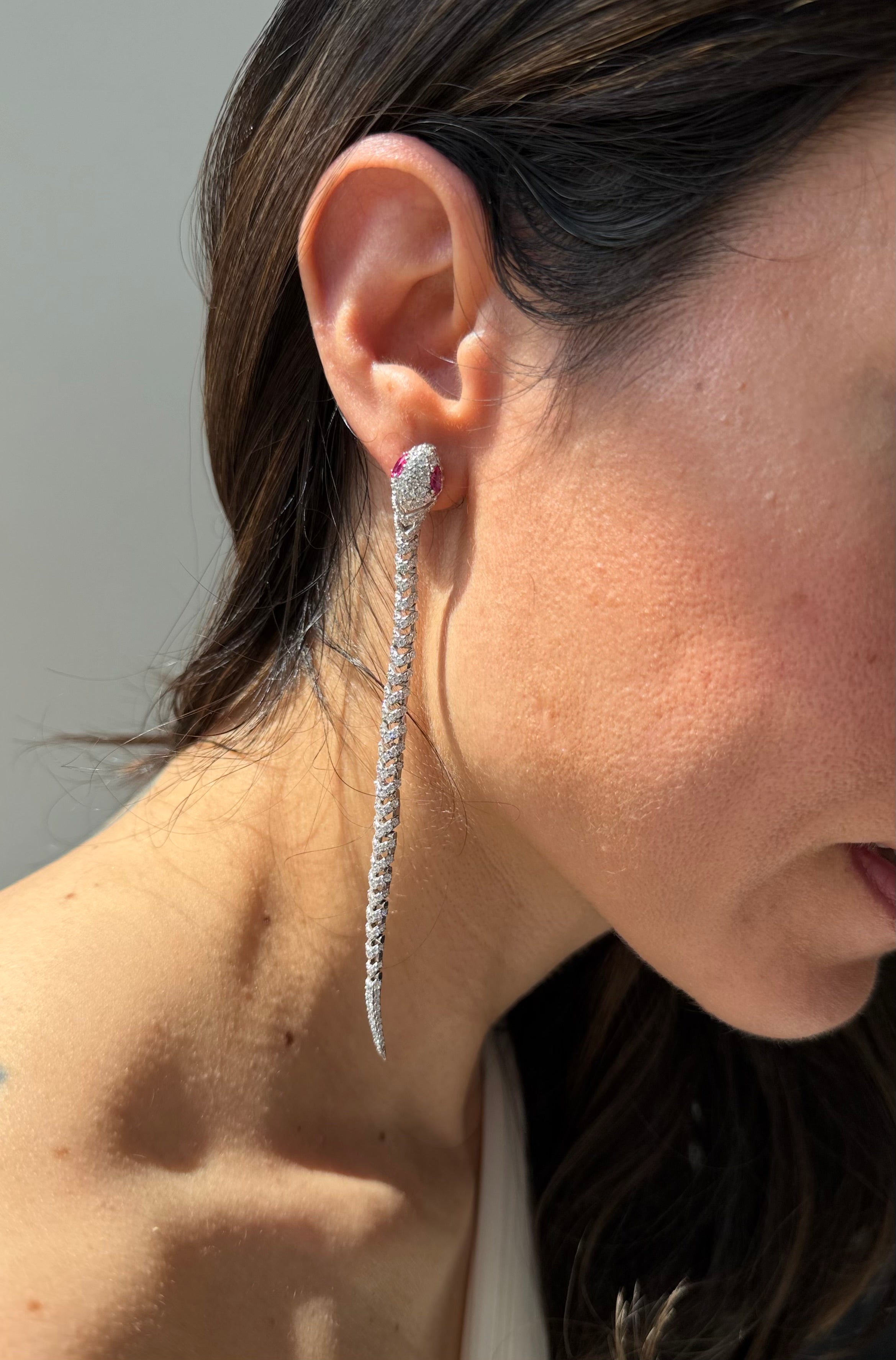 Sterling silver paved snake earrings - long