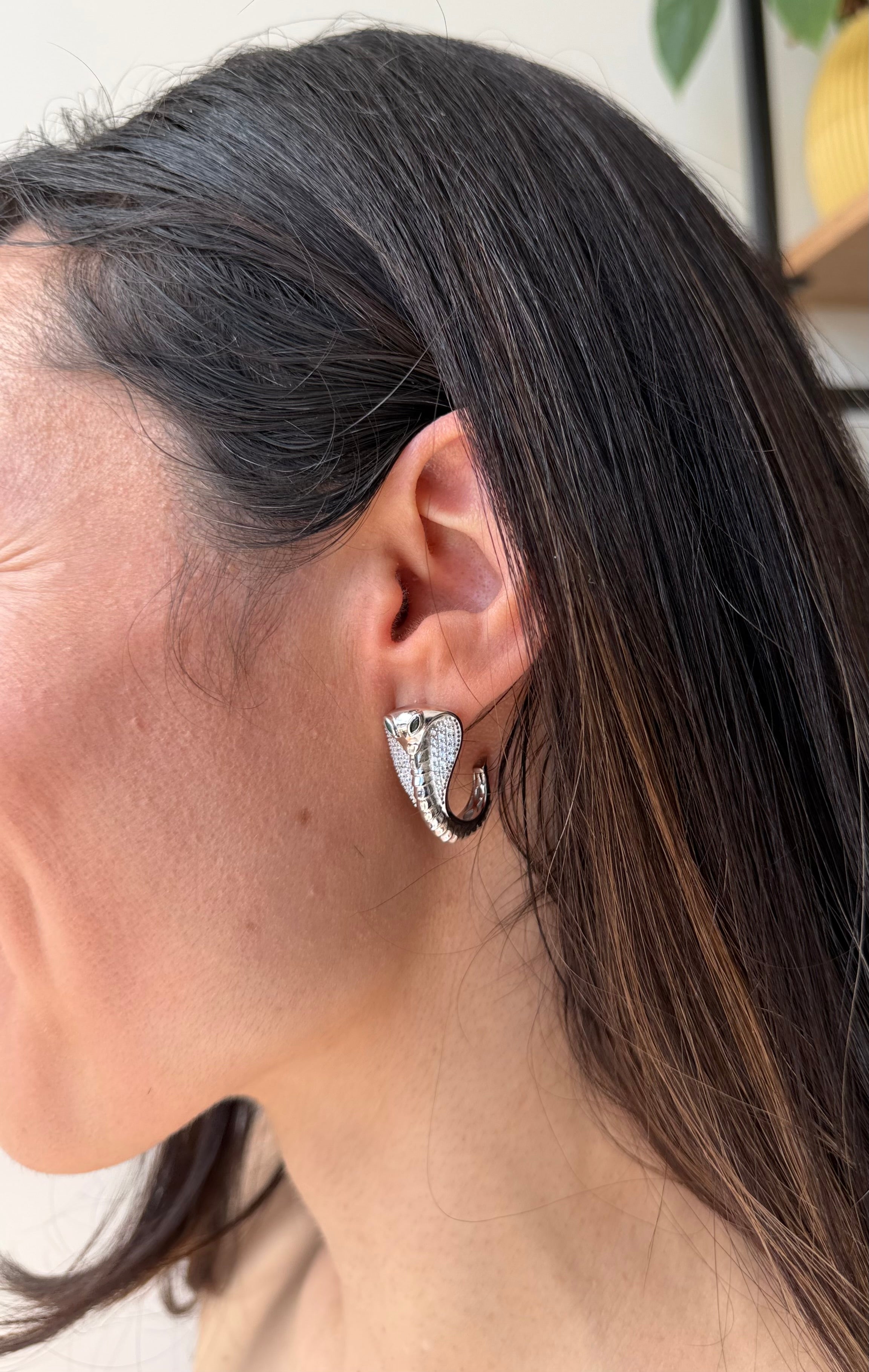 Close-up of a person wearing a silver earring with a blurred background
