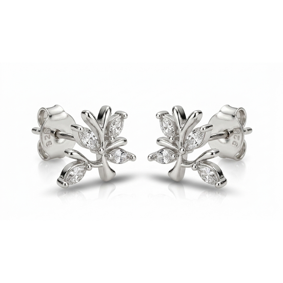 Tree-shaped silver studs with zirconia stones