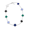 Necklace with clover-shaped charms in various colors on a white background