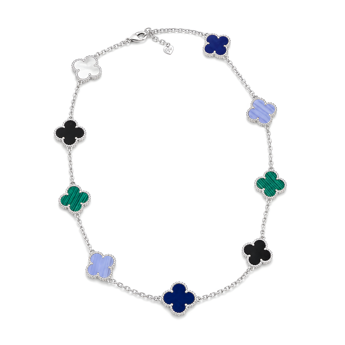 Necklace with clover-shaped charms in various colors on a white background