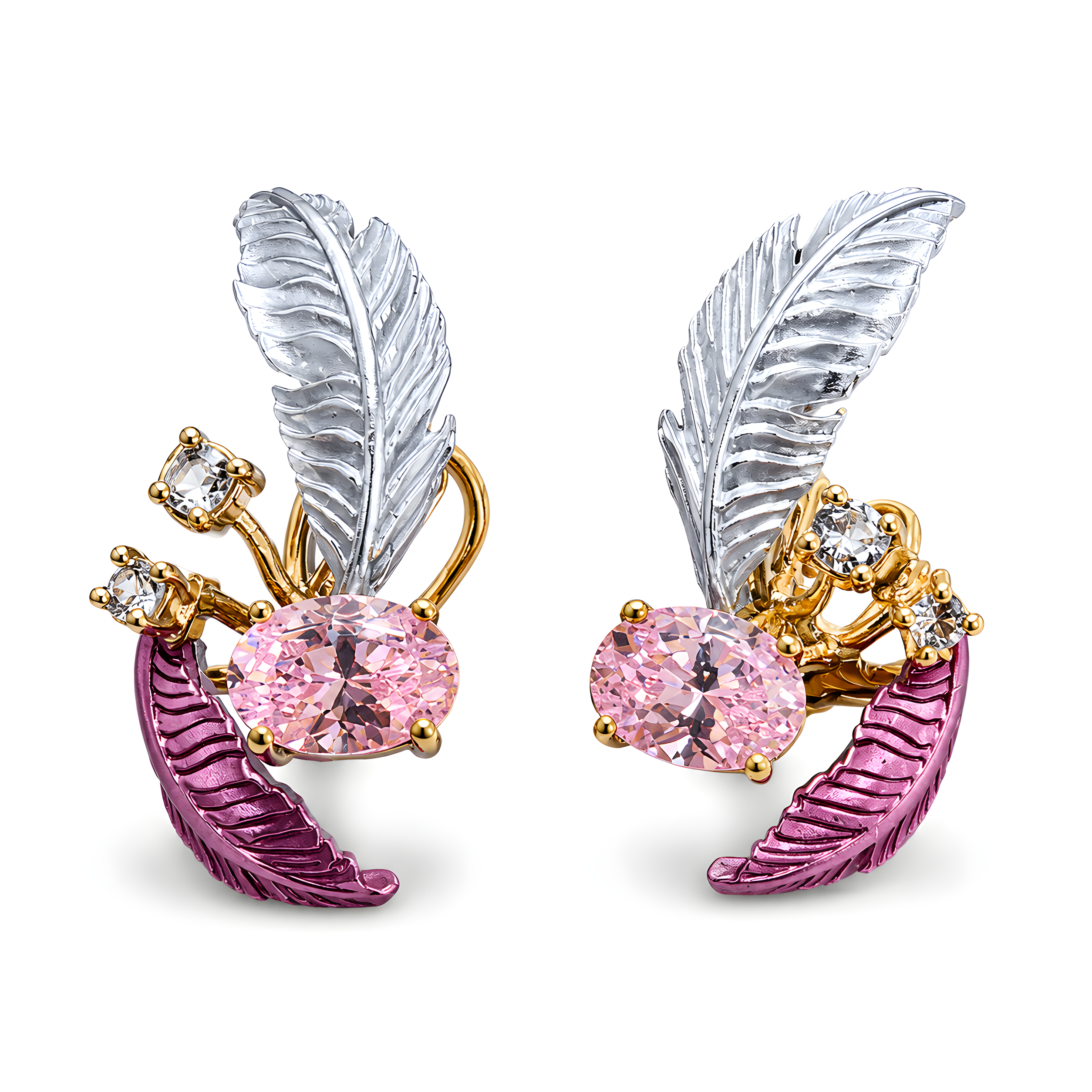 Pair of feather-shaped earrings with pink gemstones and gold accents on a white background