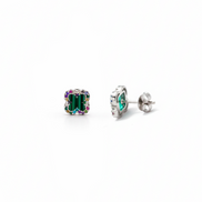 Pair of square stud earrings with green and multicolor gemstones - side view of the stud closure