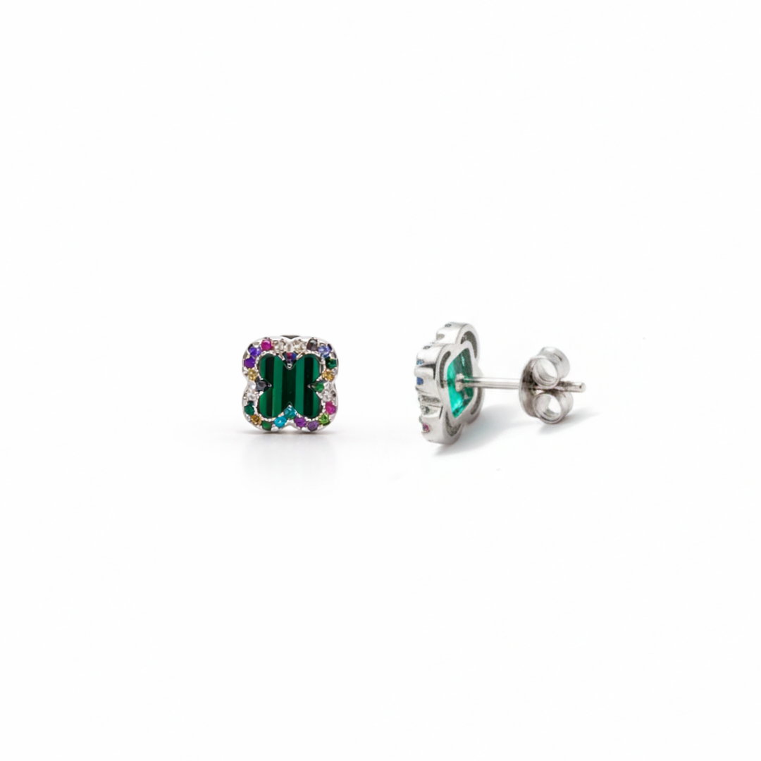 Pair of square stud earrings with green and multicolor gemstones - side view of the stud closure