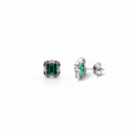 Pair of square stud earrings with green and multicolor gemstones - side view of the stud closure