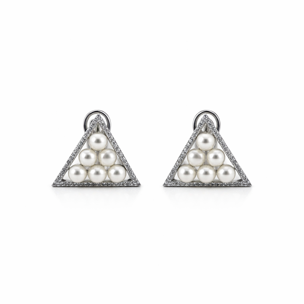 Pair of triangle-shaped earrings with pearls on a white background