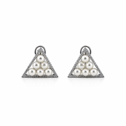Pair of triangle-shaped earrings with pearls on a white background