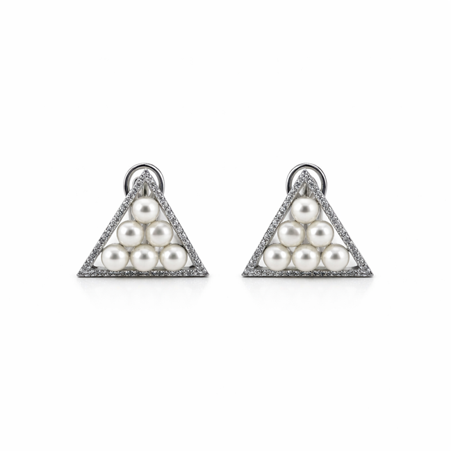 Pair of triangle-shaped earrings with pearls on a white background