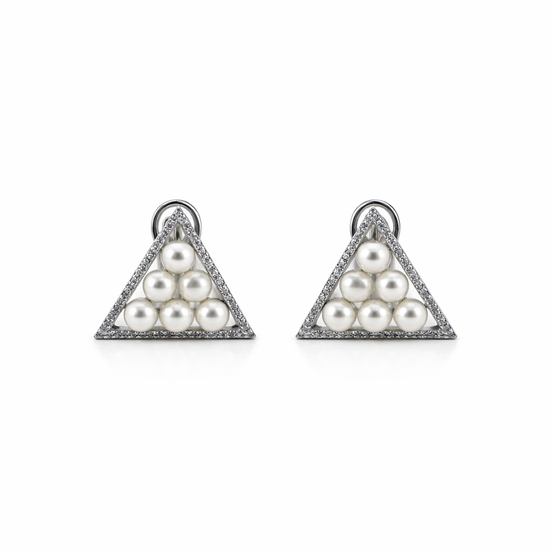 Pair of triangle-shaped earrings with pearls on a white background