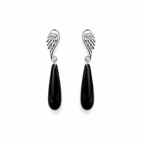 Wing-shaped silver earrings with black onyx
