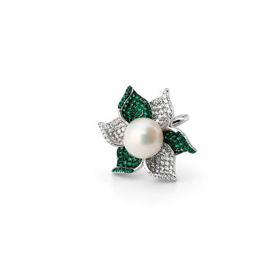 Floral pearl ring with green and white zirconia