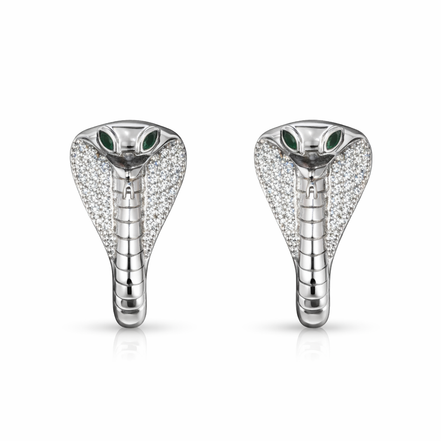 Silver cobra head earrings on a white background