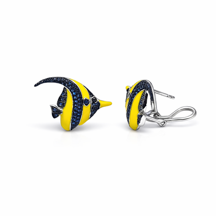 Yellow and blue fish-shaped earrings on a white background
