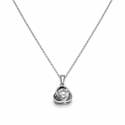 Round-cut moissanite pendant on a chain against a white background