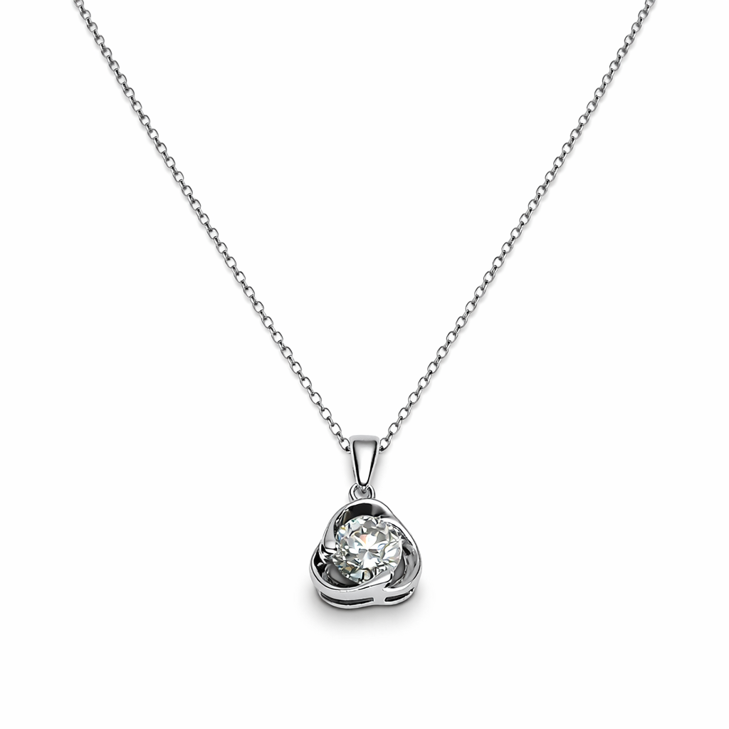 Round-cut moissanite pendant on a chain against a white background