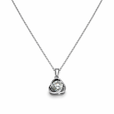 Round-cut moissanite pendant on a chain against a white background