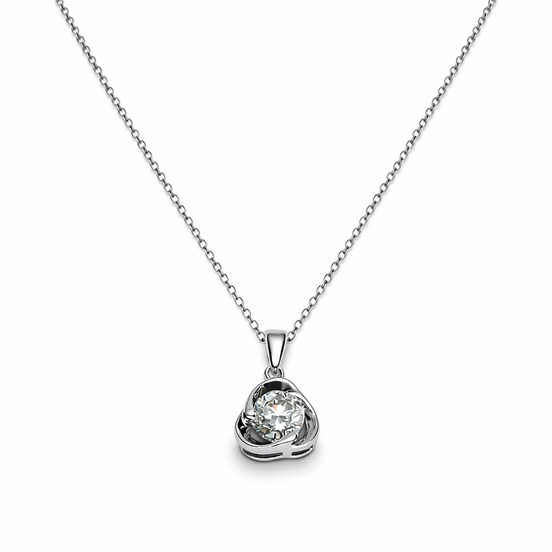 Round-cut moissanite pendant on a chain against a white background