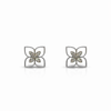 Pair of silver flower-shaped earrings on a white background