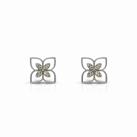 Pair of silver flower-shaped earrings on a white background
