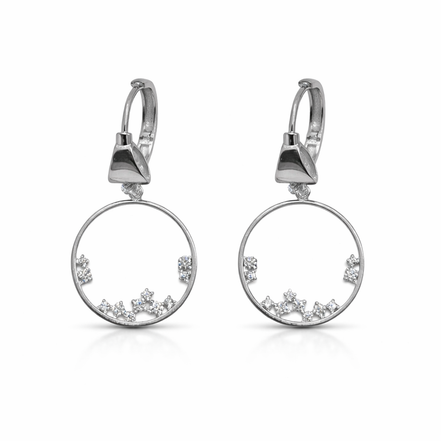 Silver earrings with circular design and small zirconia gemstones on a white background