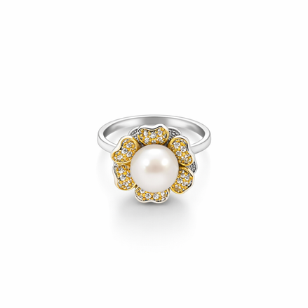 Silver ring with a pearl and gold accents on a white background