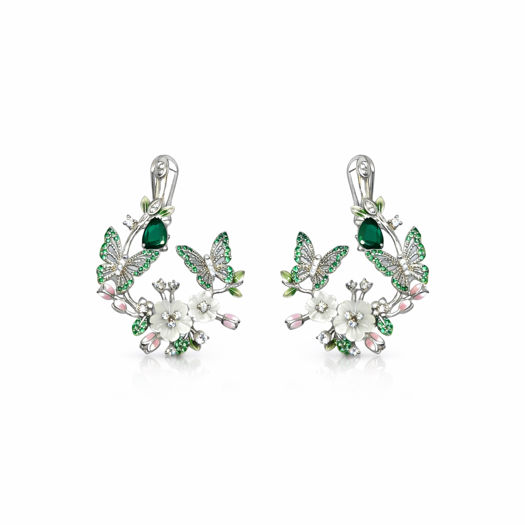 Floral butterfly earrings - emerald