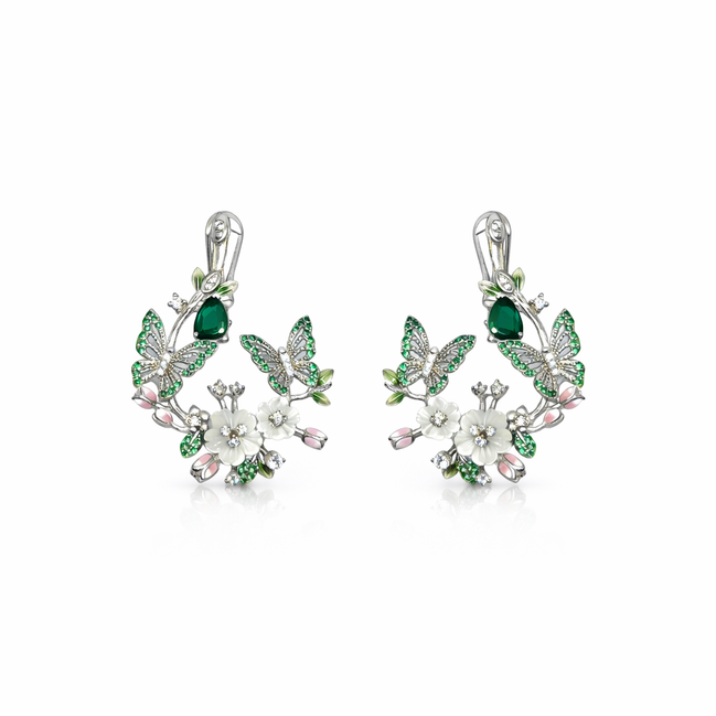Floral butterfly earrings - emerald