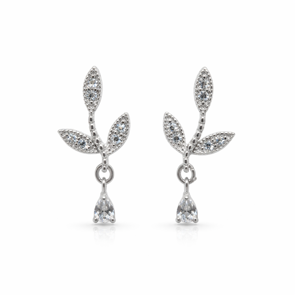 White gold leaf earrings