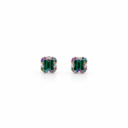 Pair of square stud earrings with green and multicolor gemstones on a white background