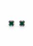 Pair of square stud earrings with green and multicolor gemstones on a white background