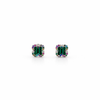 Pair of square stud earrings with green and multicolor gemstones on a white background