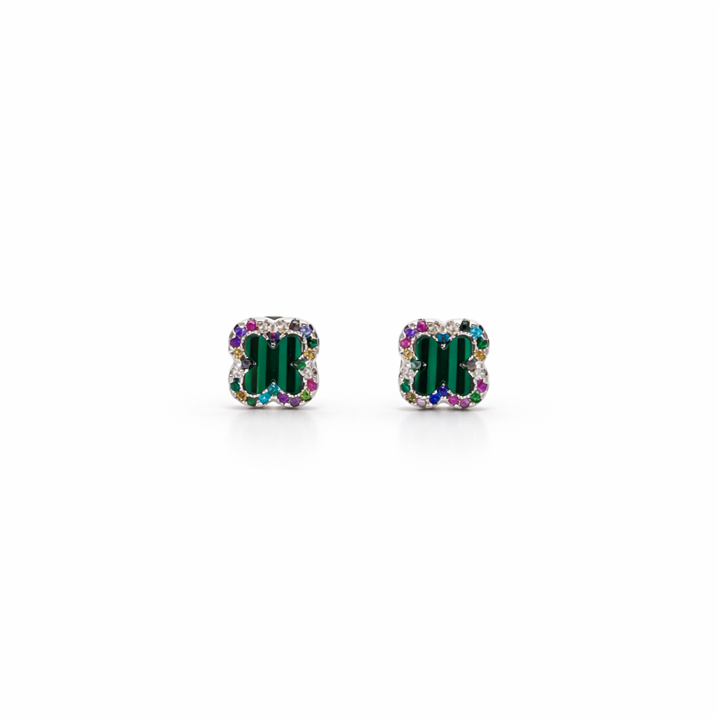 Pair of square stud earrings with green and multicolor gemstones on a white background