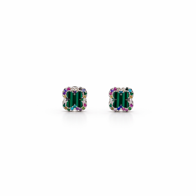 Pair of square stud earrings with green and multicolor gemstones on a white background