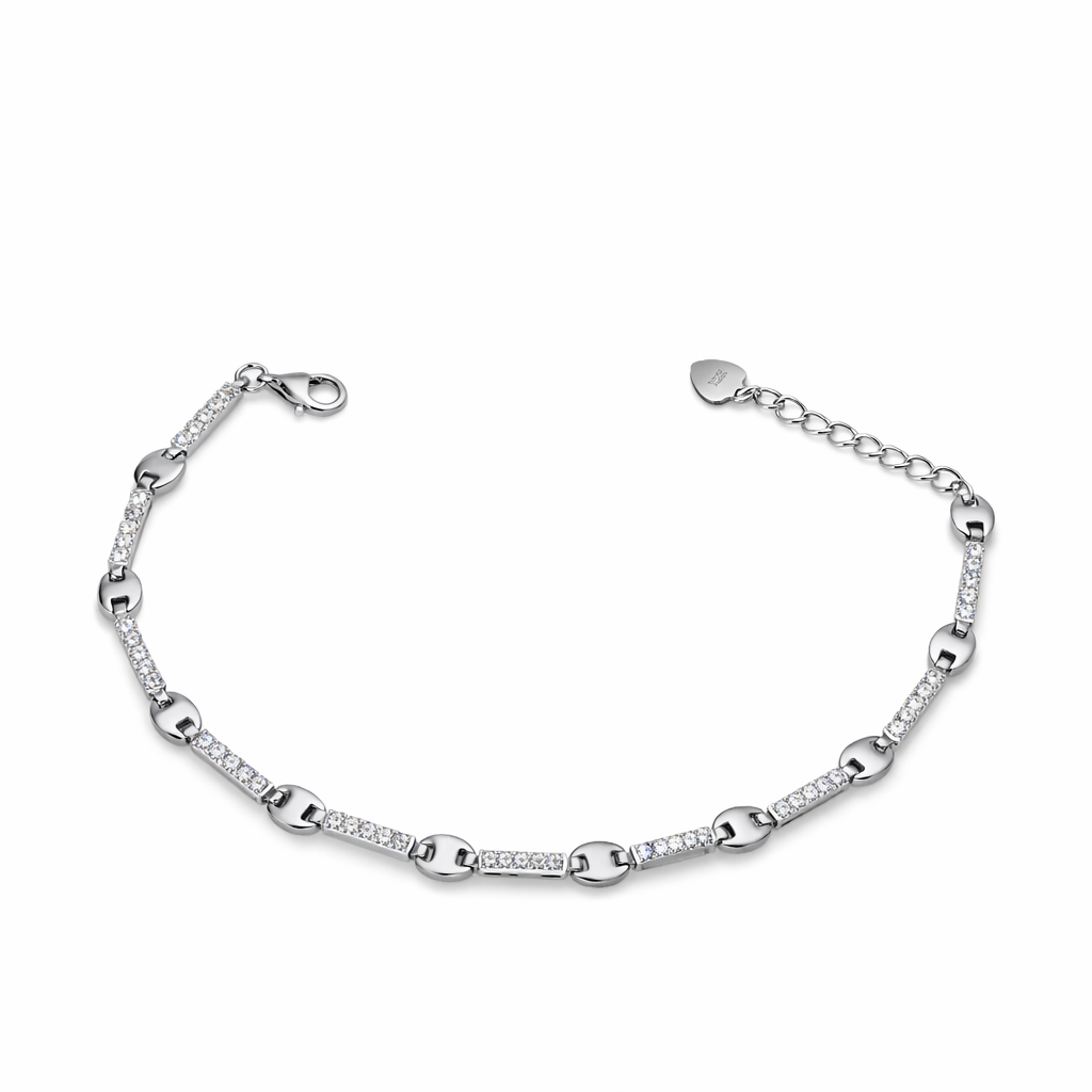Silver bracelet with small cubic zirconia on a white background
