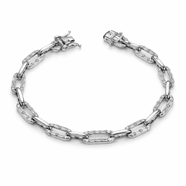 Silver bracelet with clear gemstones on a white background