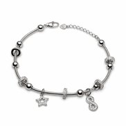Silver bracelet with star and eternity charm on a white background