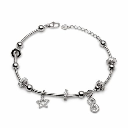 Silver bracelet with star and eternity charm on a white background