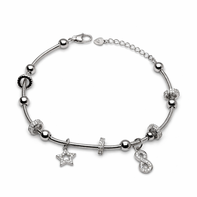 Silver bracelet with star and eternity charm on a white background