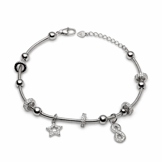 Silver bracelet with star and eternity charm on a white background